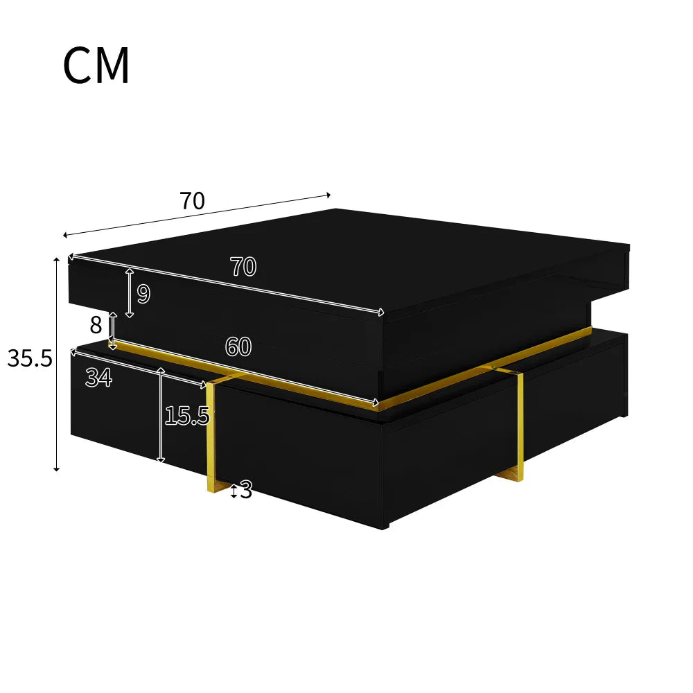 Modern Square High Gloss Coffee Table Decorated with Golden Details, Luxury Coffee Table with Two Storage Drawers, Sturdy Compact Living Room Center Table 70cm