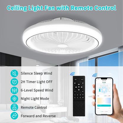 LED Ceiling Fan Light Bladeless Modern Quiet Powerful Airflow with Remote Control Adjustable Brightness for Living Room Kitchen