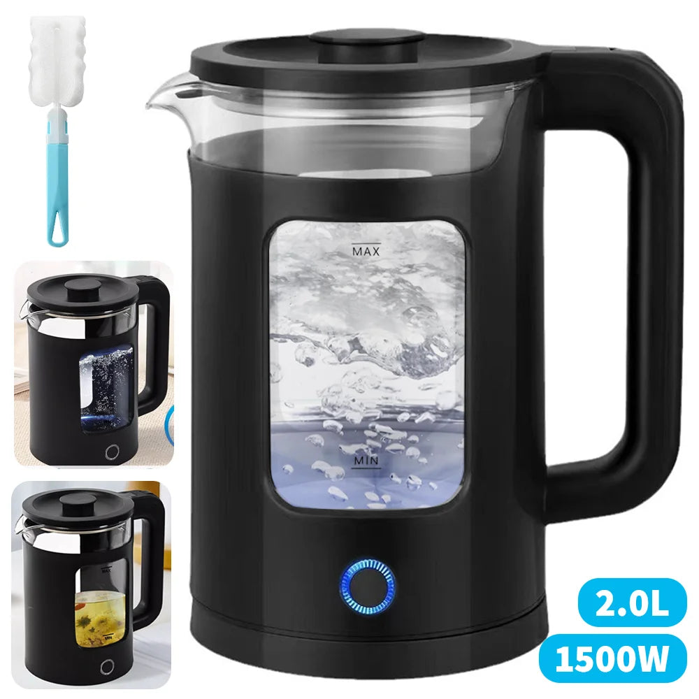 2L Electric Glass Kettle Fast Boiling Function Illuminated Blue LED Quiet Boiling Water Heater for Kitchen