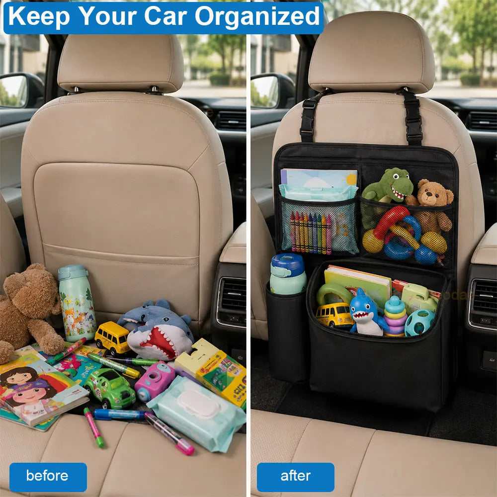 Car Seat Storage Bag Multifunctional Car Backseat Organizer 4-Pocket Wear-Resistant Tissue/Cup Holder Waterproof Anti-Kick Pad