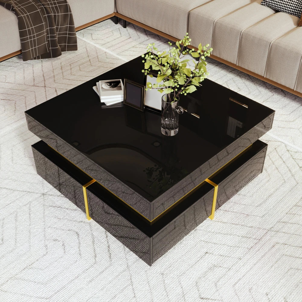 Modern Square High Gloss Coffee Table Decorated with Golden Details, Luxury Coffee Table with Two Storage Drawers, Sturdy Compact Living Room Center Table 70cm
