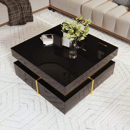 Modern Square High Gloss Coffee Table Decorated with Golden Details, Luxury Coffee Table with Two Storage Drawers, Sturdy Compact Living Room Center Table 70cm