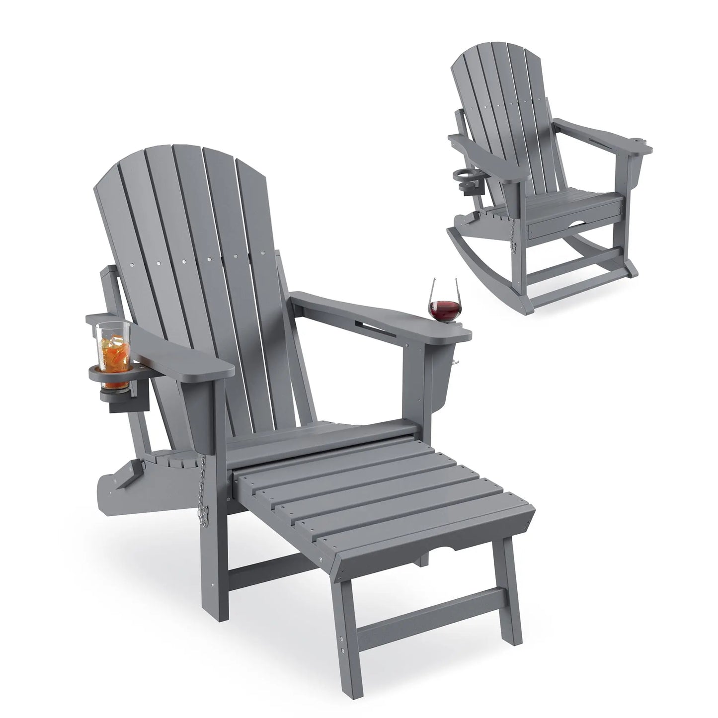Rocking Chairs Folding  With Footrest, Adirondack RockingChair Outdoor With Retractable Ottoman and Cup Holder
