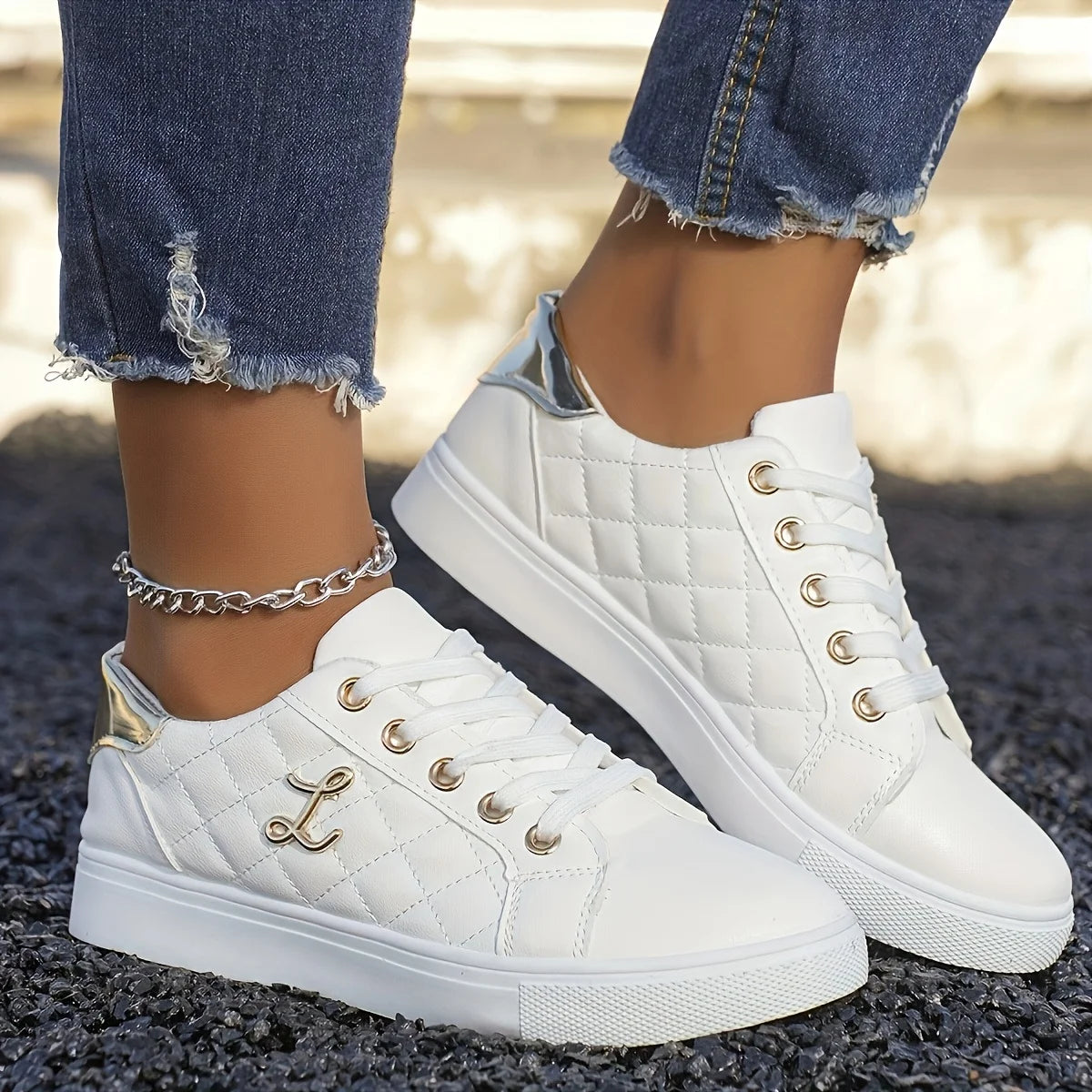 Fashion Lightweight Women's Sneakers - Black, White and Gold Embellished, Lace-Up Low-Top Casual Shoes for All Seasons