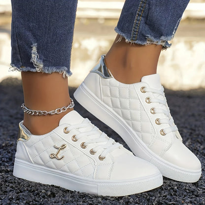 Fashion Lightweight Women's Sneakers - Black, White and Gold Embellished, Lace-Up Low-Top Casual Shoes for All Seasons