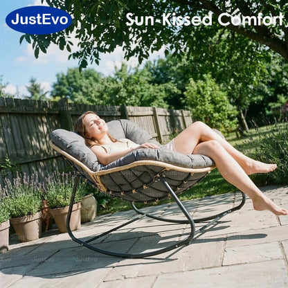 JustEvo Oversized Patio Rocking Chair with Thick Cushion, PE Wicker Outdoor Lounge Chair, Sturdy Metal Frame Garden Seating for Garden, Balcony, and Porch