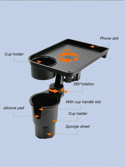 2-in-1 Car Cup Holder Tray – 360° Rotatable Tabletop, with Stable Base & Phone Slot, Durable Interior Accessory