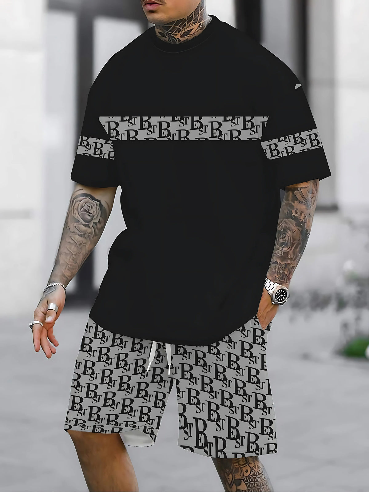 2026 Summer New Men's Short-Sleeved Set with 3D Stripes Pattern Print - Street Casual Fashion Comfortable and Soft