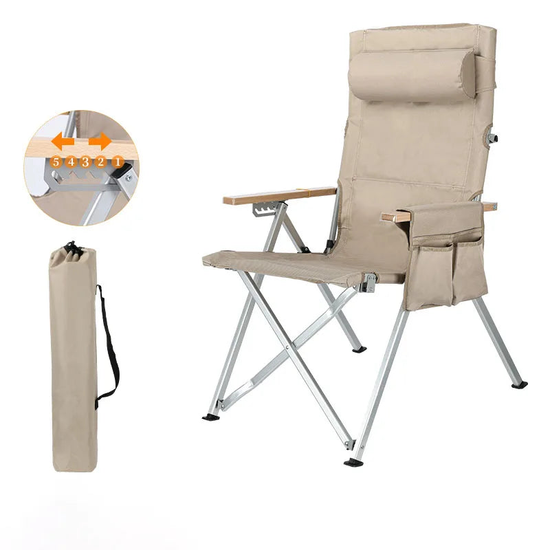 Adjustable 5-Position Folding Chair With Pillow & Armrests - Perfect For Outdoor Camping, Fishing, And Patio Relaxation