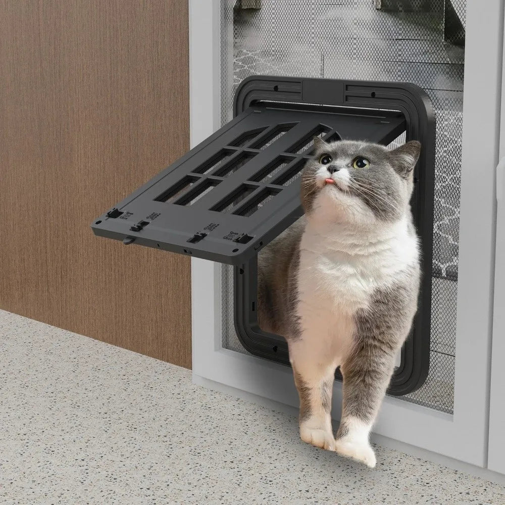 Self-Closing Dog Screen Door Magnetic Flap Reinforced Pet Lockable Screen Door 4 Entry Ways Heavy Duty Cat Door Hole