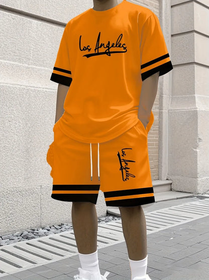 New Men's Summer Gothic Letter Printed Comfortable Breathable Round Neck T-shirt Drawstring Shorts Set Outdoor Casual Wear