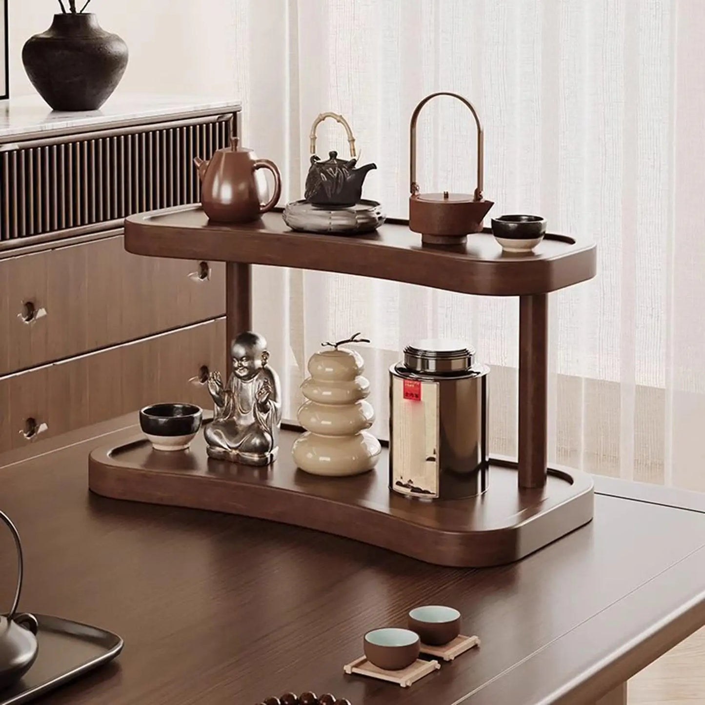 2-layer Desktop Shelf For Makeup 2-Tier Mug Holders Tabletop Tea Set Holder Wooden Perfume Display Organizer Storage Rack