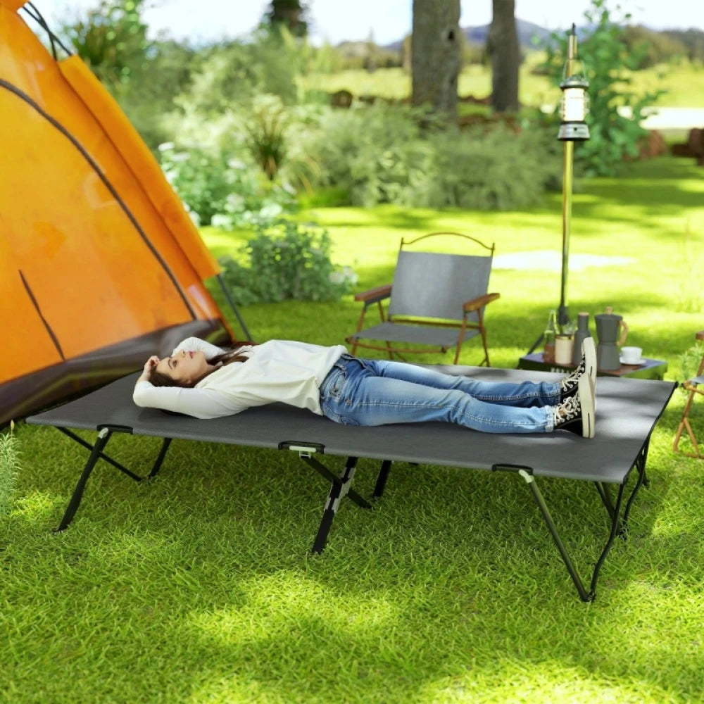 Outsunny Double Camping Cot Bed with Carry Bag, Foldable Heavy Duty Sleeping Cot for Two Adults, Portable Outdoor Travel Bed with Steel Frame, Charcoal Grey