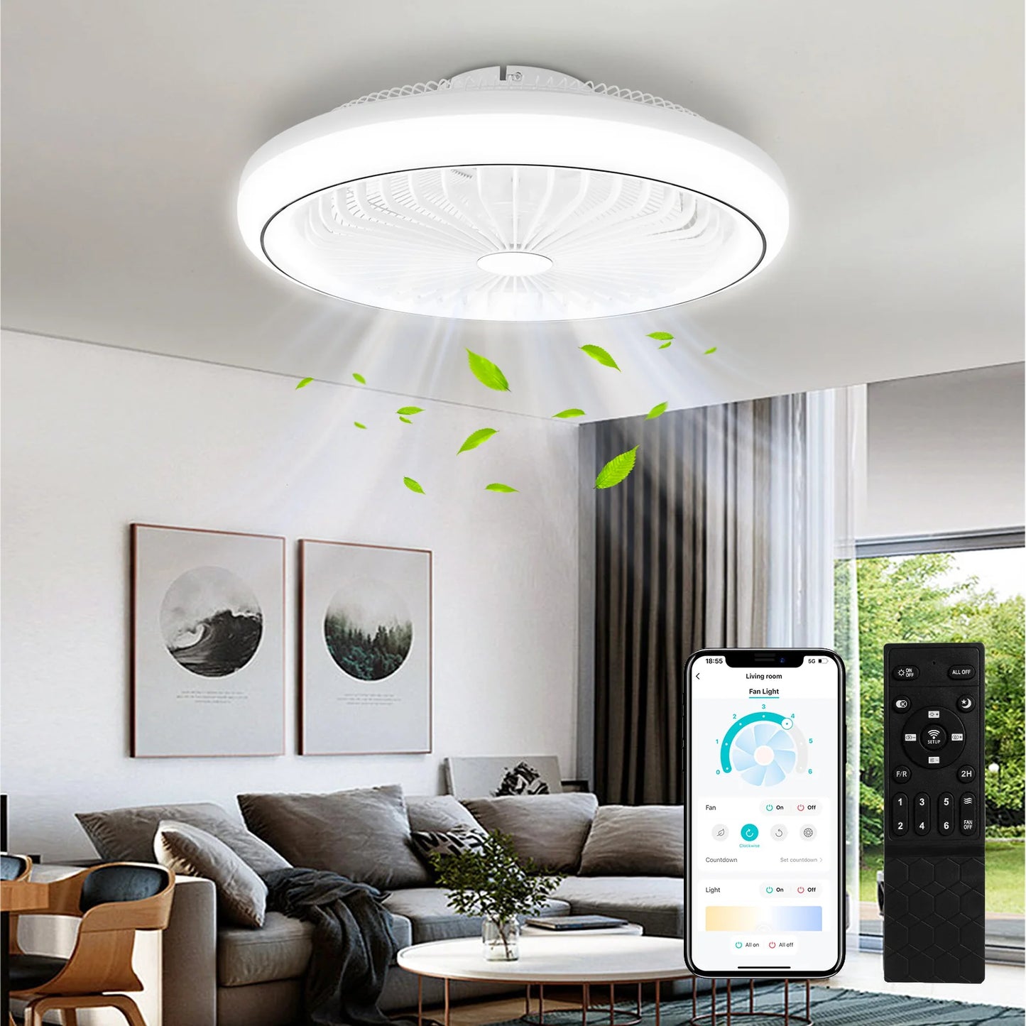 LED Ceiling Fan Light Bladeless Modern Quiet Powerful Airflow with Remote Control Adjustable Brightness for Living Room Kitchen